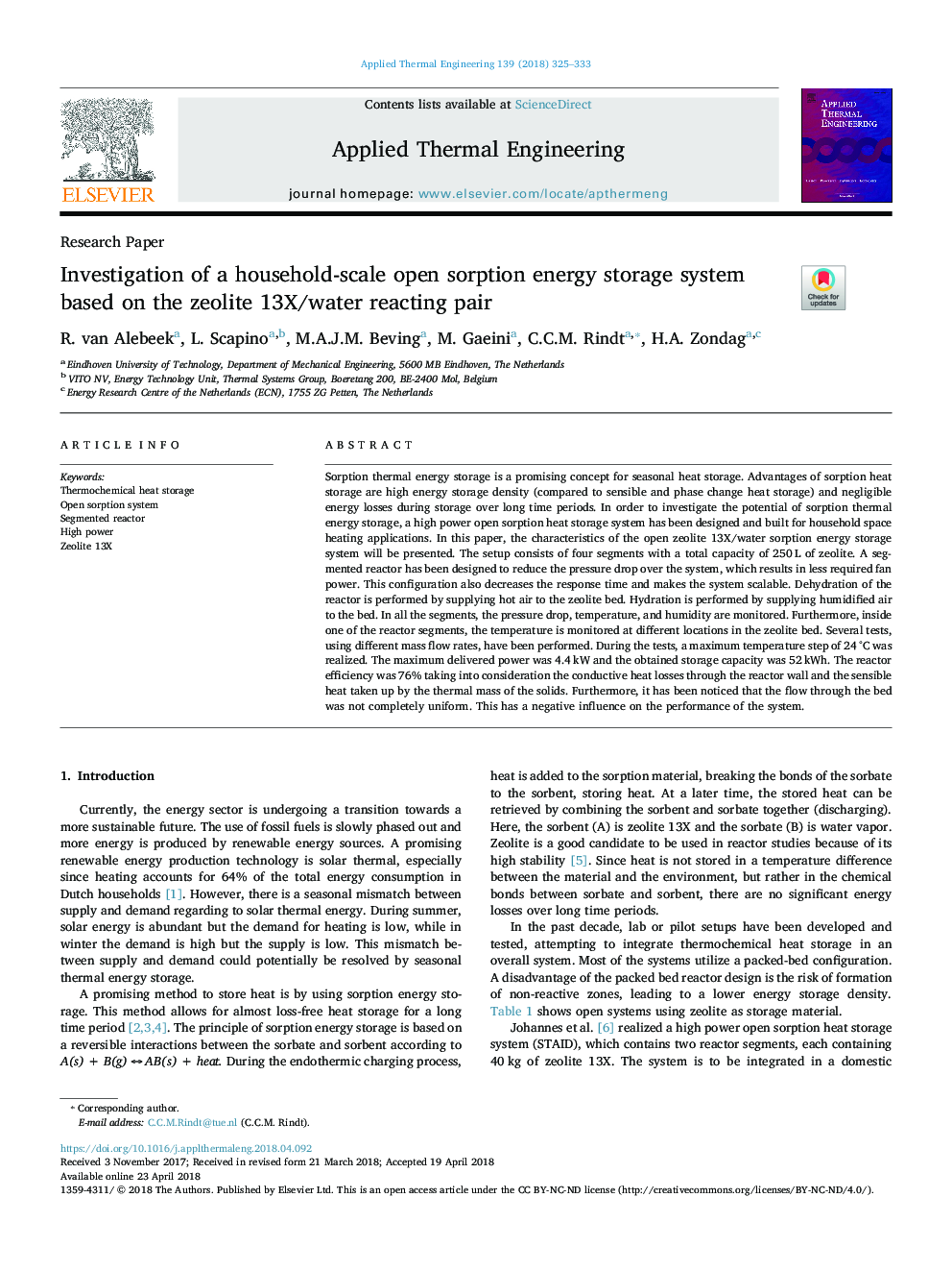 Investigation of a household-scale open sorption energy storage system based on the zeolite 13X/water reacting pair