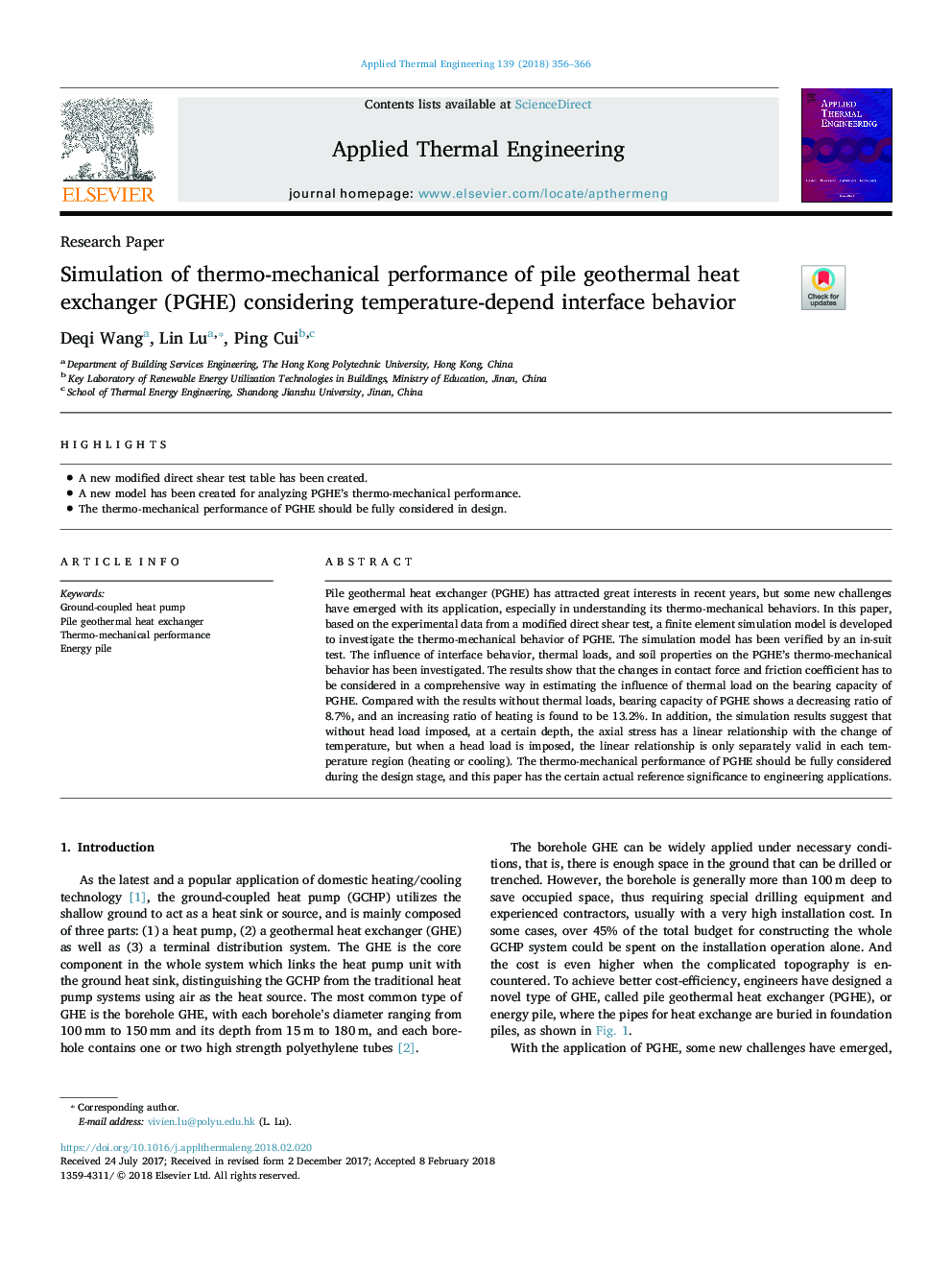 Simulation of thermo-mechanical performance of pile geothermal heat exchanger (PGHE) considering temperature-depend interface behavior