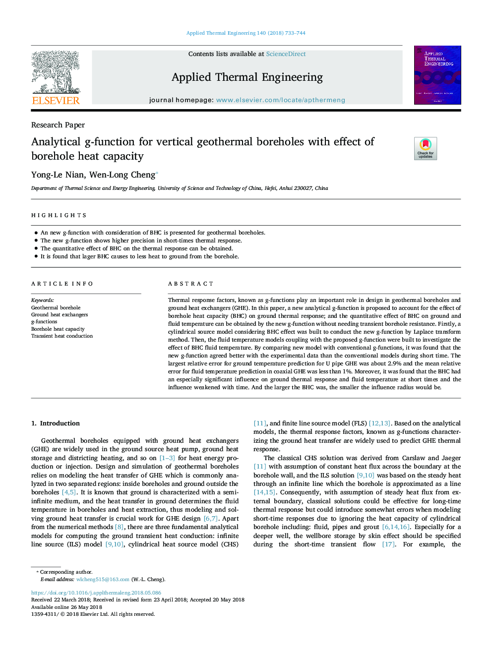 Analytical g-function for vertical geothermal boreholes with effect of borehole heat capacity