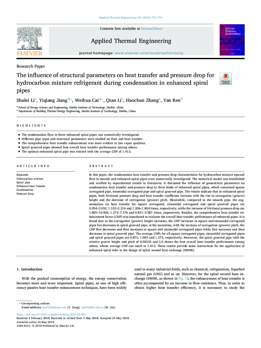 The influence of structural parameters on heat transfer and pressure drop for hydrocarbon mixture refrigerant during condensation in enhanced spiral pipes