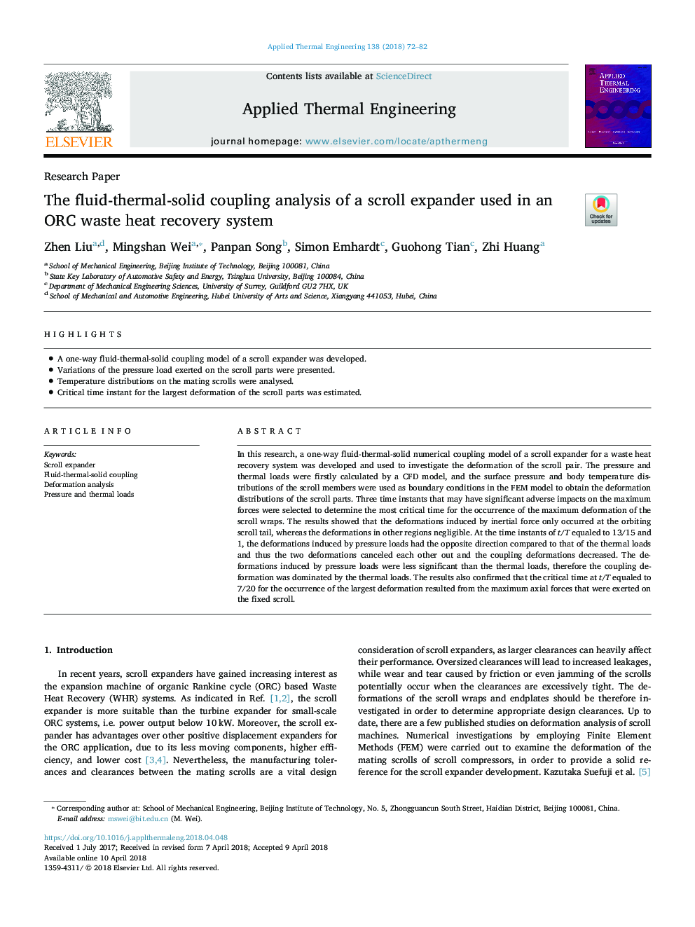 The fluid-thermal-solid coupling analysis of a scroll expander used in an ORC waste heat recovery system