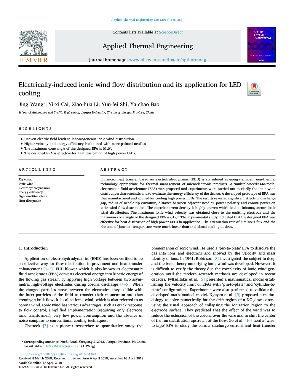 Electrically-induced ionic wind flow distribution and its application for LED cooling