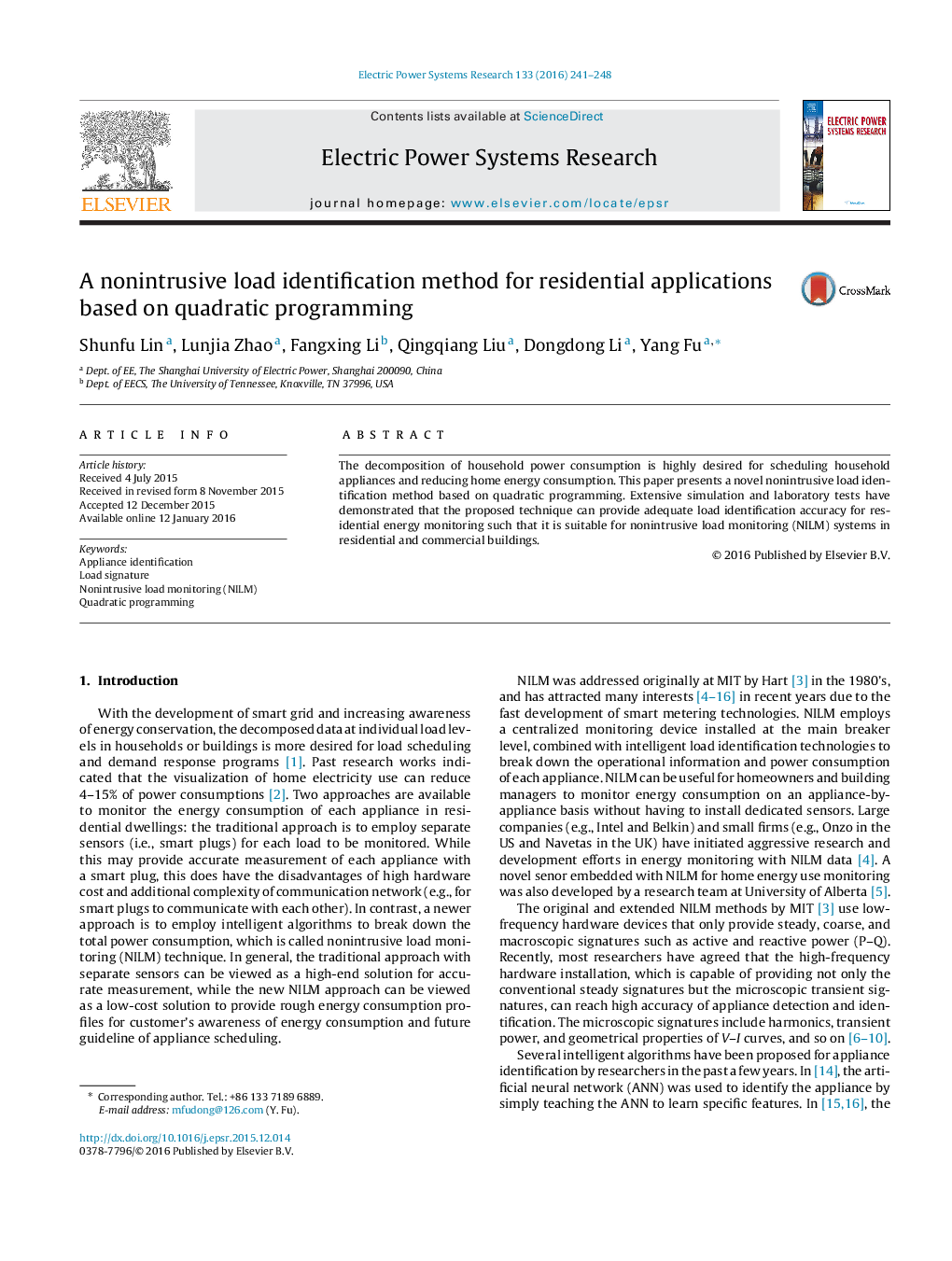 A nonintrusive load identification method for residential applications based on quadratic programming