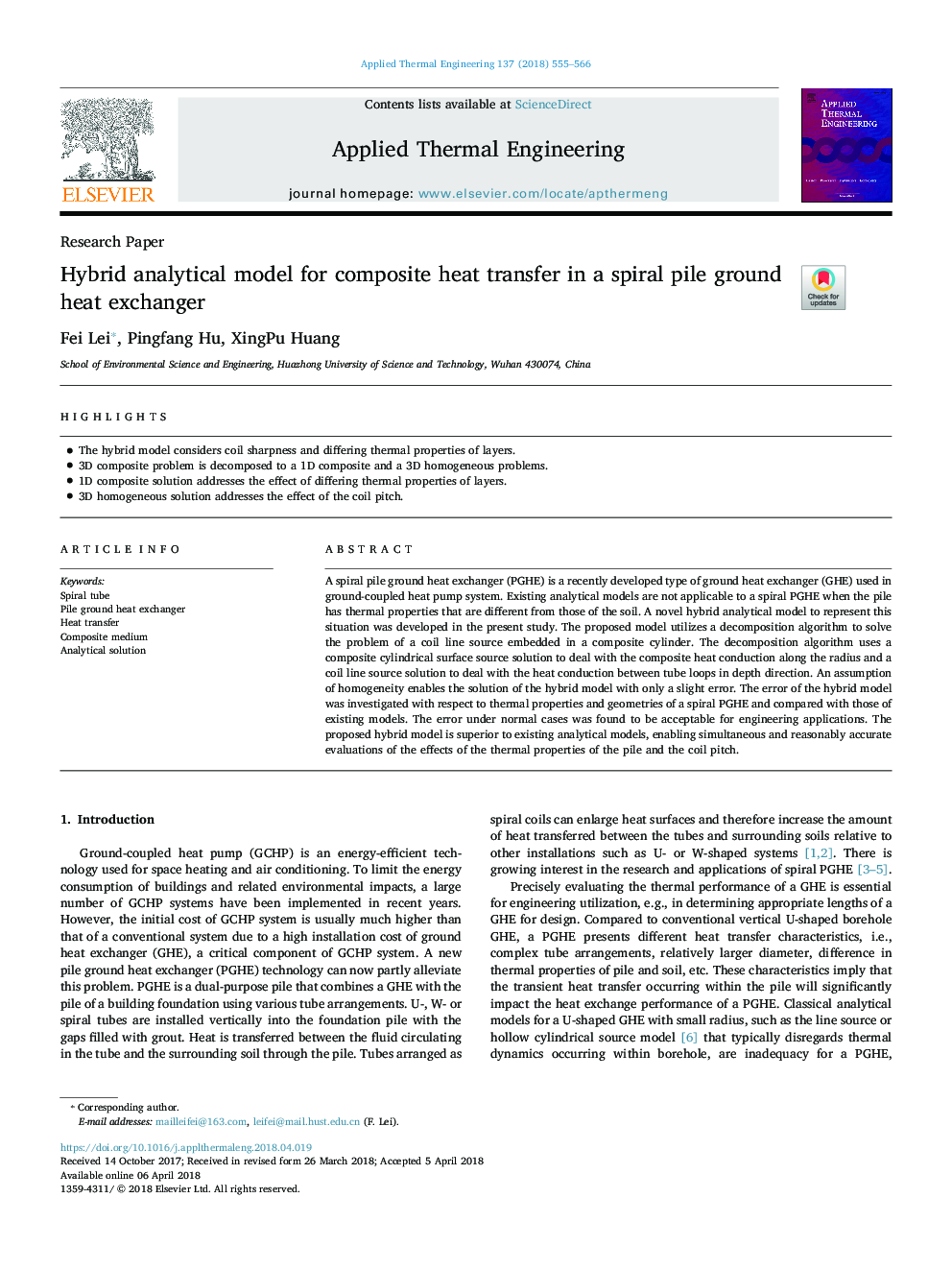 Hybrid analytical model for composite heat transfer in a spiral pile ground heat exchanger