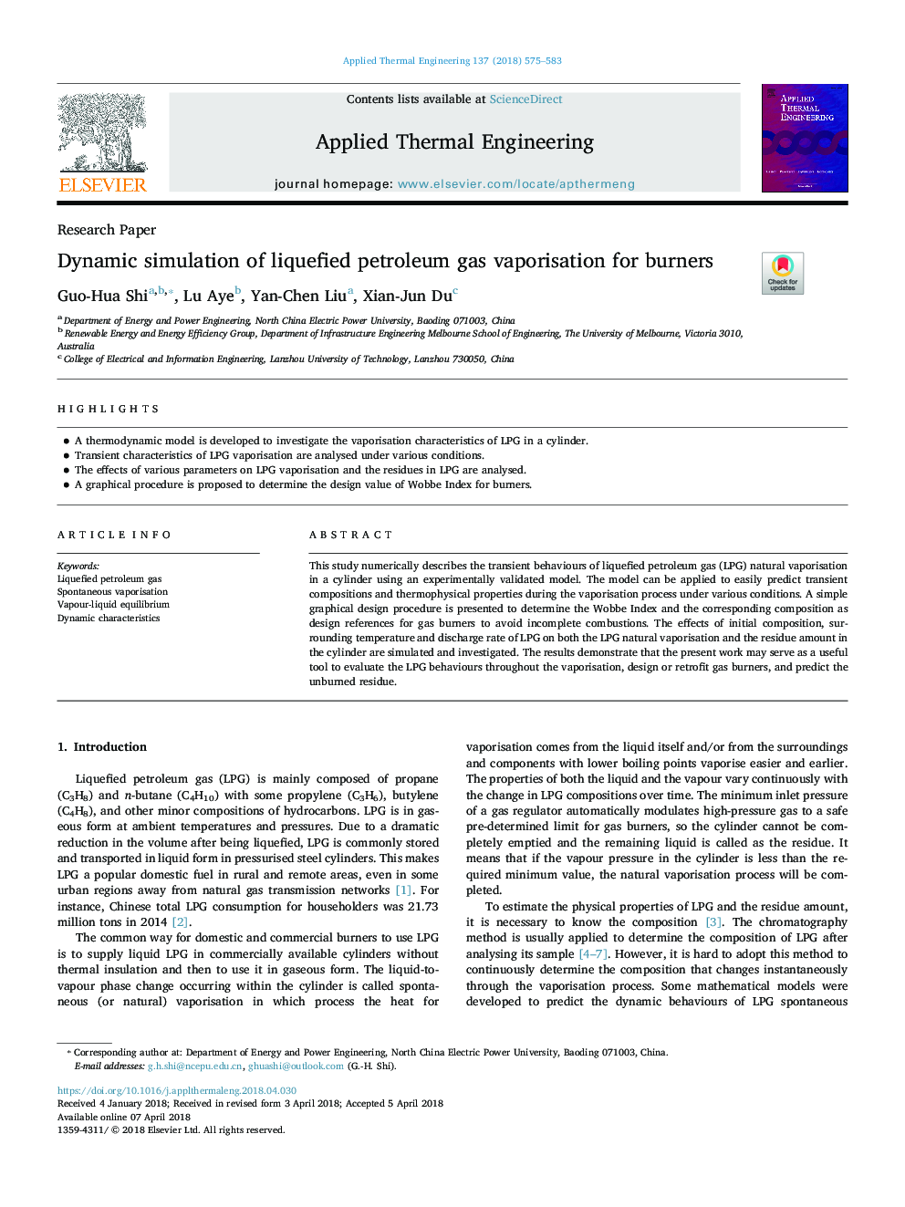 Dynamic simulation of liquefied petroleum gas vaporisation for burners