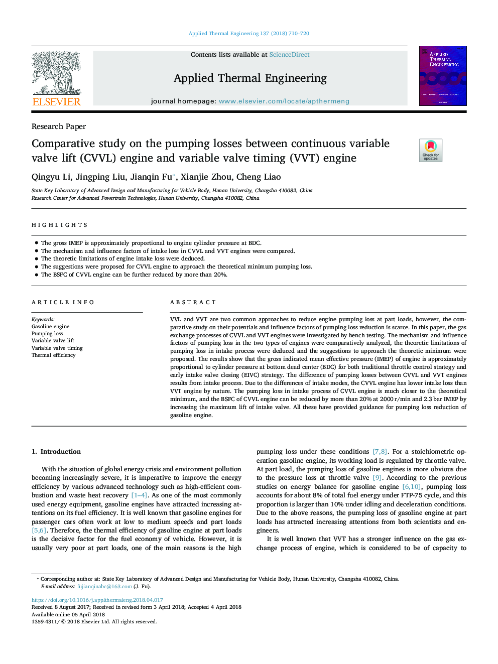 Comparative study on the pumping losses between continuous variable valve lift (CVVL) engine and variable valve timing (VVT) engine