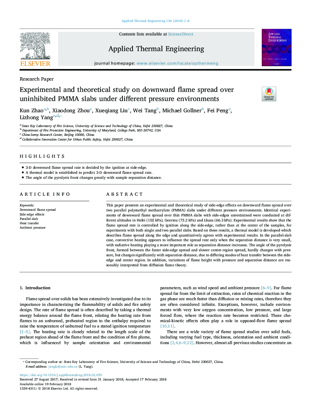 Experimental and theoretical study on downward flame spread over uninhibited PMMA slabs under different pressure environments