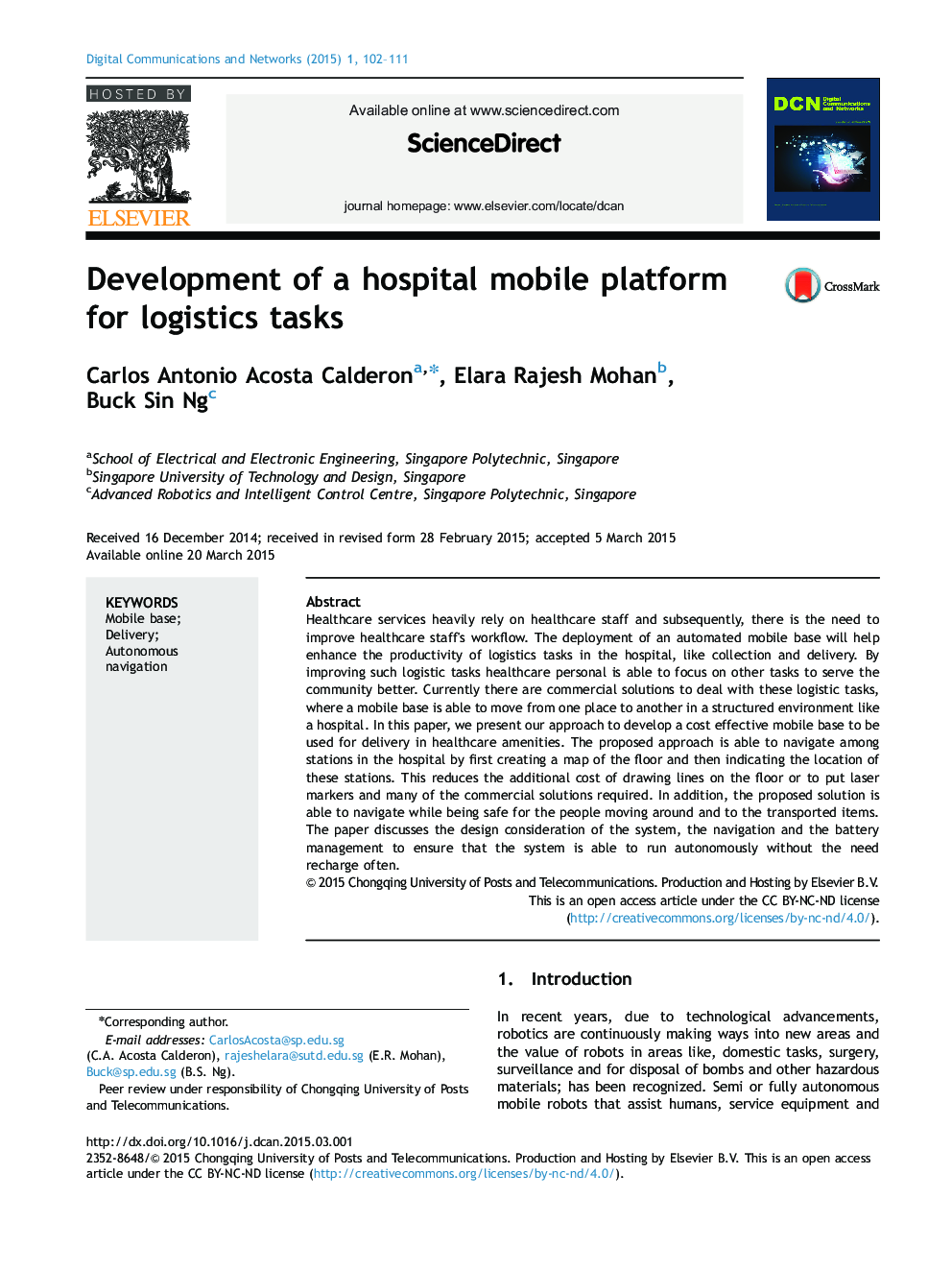 Development of a hospital mobile platform for logistics tasks 