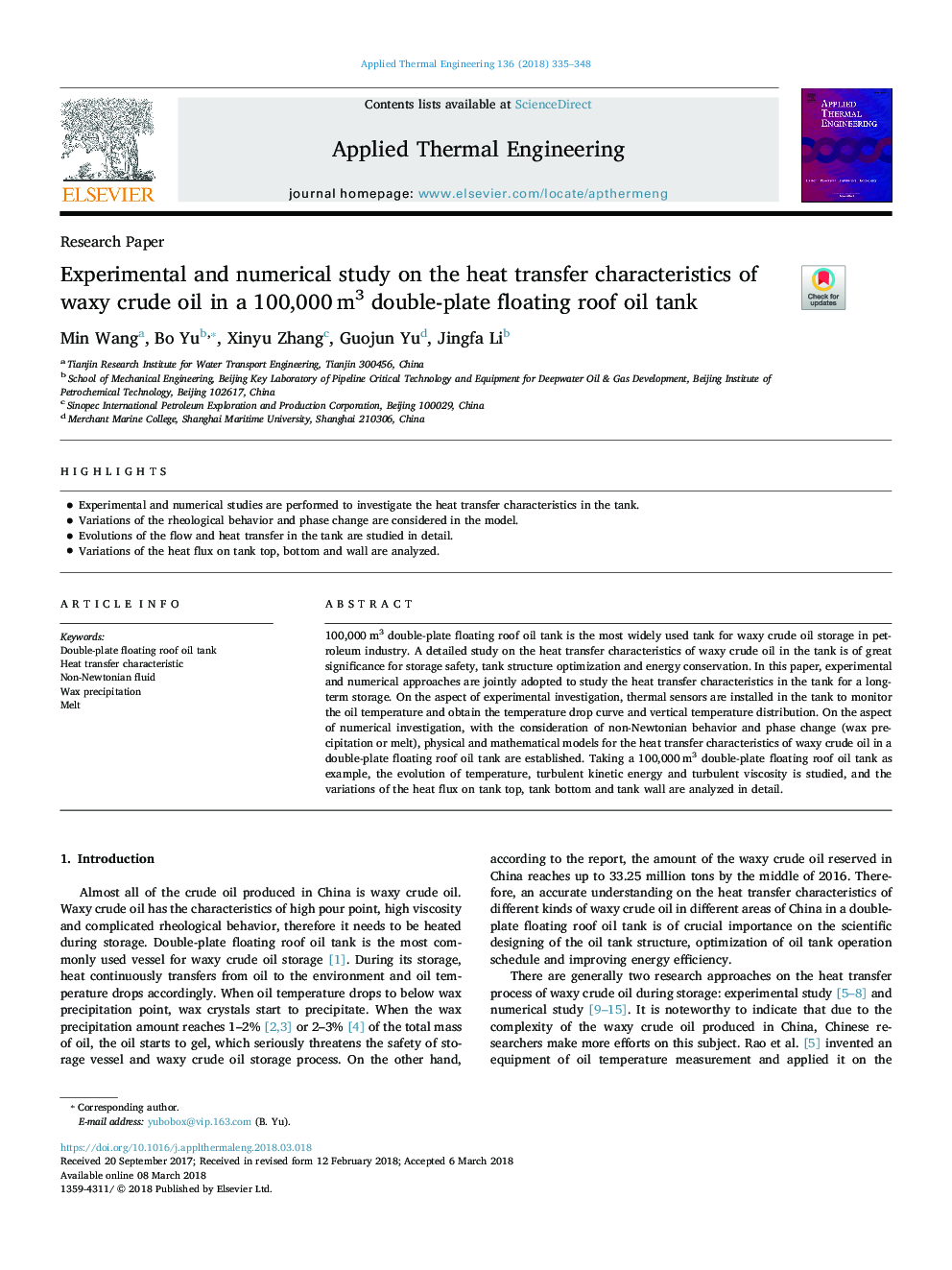 Experimental and numerical study on the heat transfer characteristics of waxy crude oil in a 100,000â¯m3 double-plate floating roof oil tank