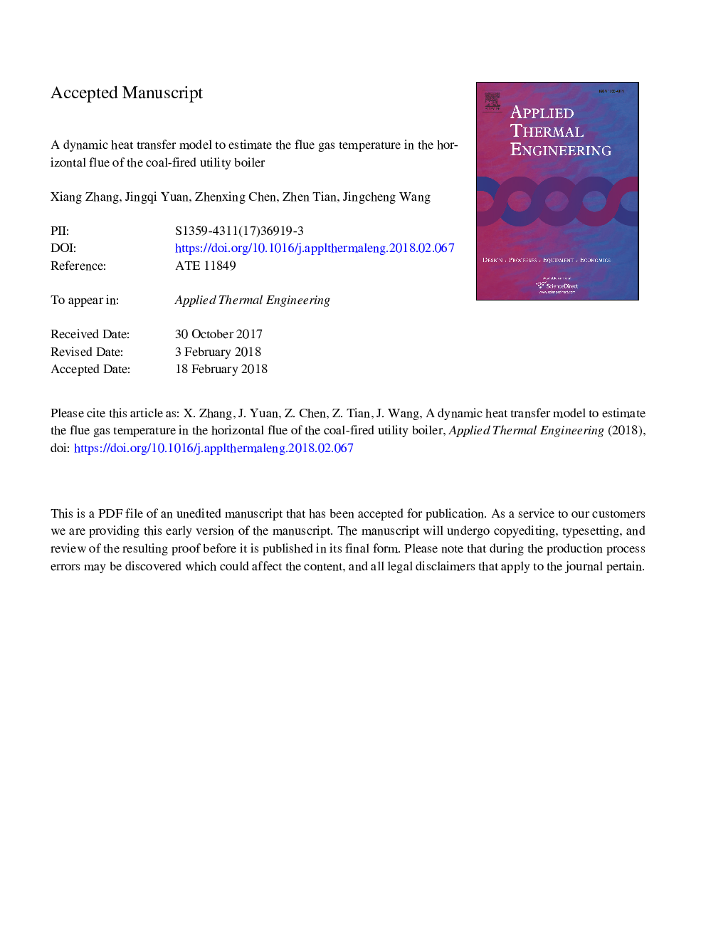 A dynamic heat transfer model to estimate the flue gas temperature in the horizontal flue of the coal-fired utility boiler