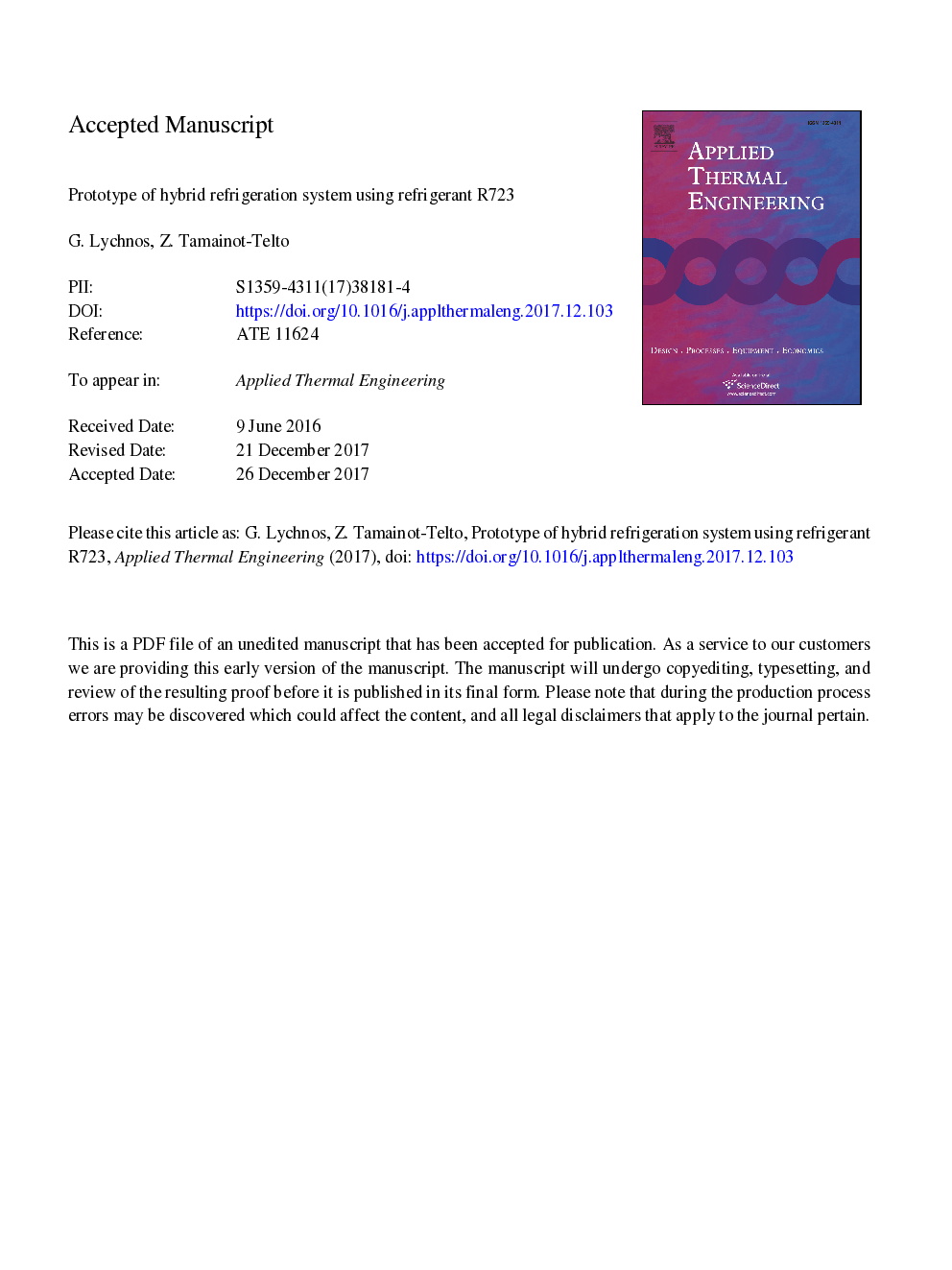 Prototype of hybrid refrigeration system using refrigerant R723