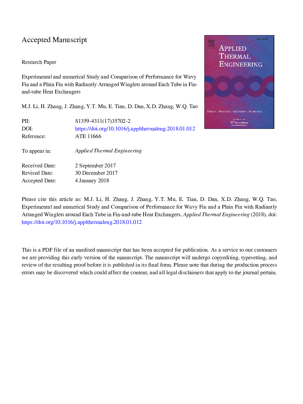 Experimental and numerical study and comparison of performance for wavy fin and a plain fin with radiantly arranged winglets around each tube in fin-and-tube heat exchangers