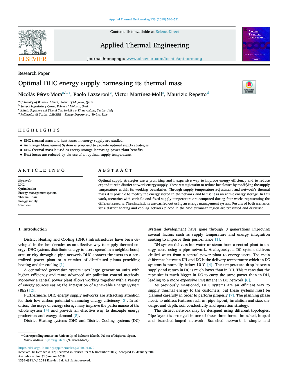 Optimal DHC energy supply harnessing its thermal mass