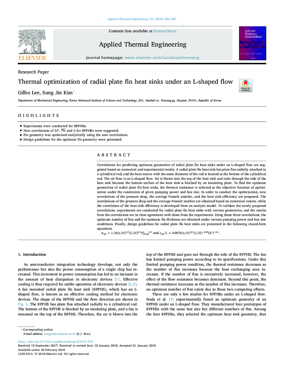 Thermal optimization of radial plate fin heat sinks under an L-shaped flow