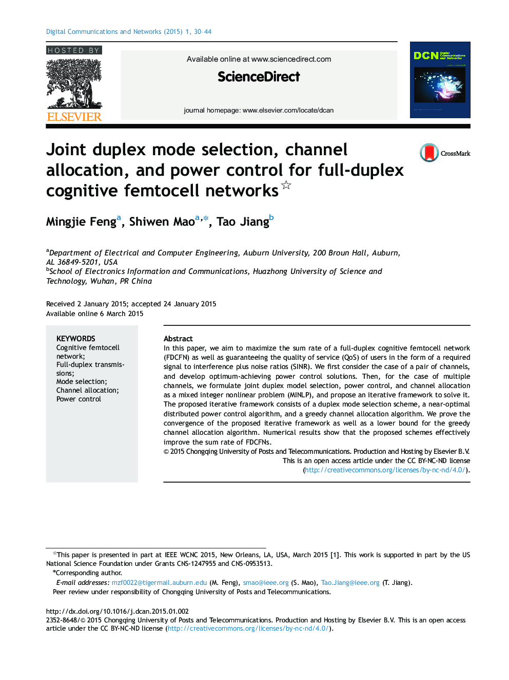 Joint duplex mode selection, channel allocation, and power control for full-duplex cognitive femtocell networks 