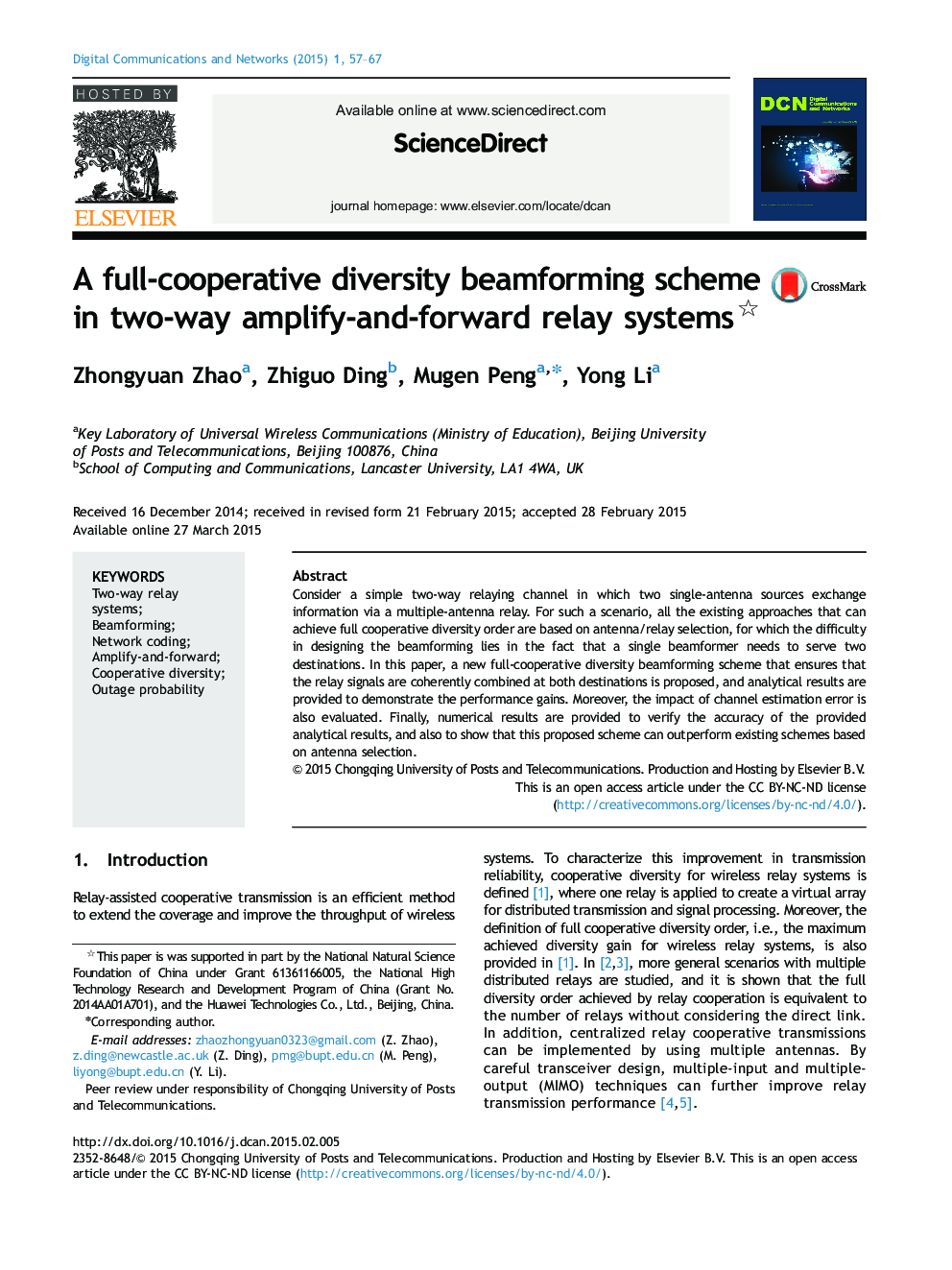 A full-cooperative diversity beamformingscheme in two-way amplify-and-forward relay systems 