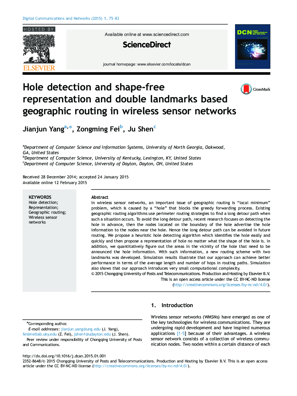 Hole detection and shape-free representation and double landmarks based geographic routing in wireless sensor networks 