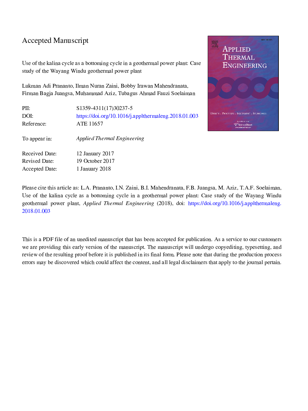 Use of the Kalina cycle as a bottoming cycle in a geothermal power plant: Case study of the Wayang Windu geothermal power plant