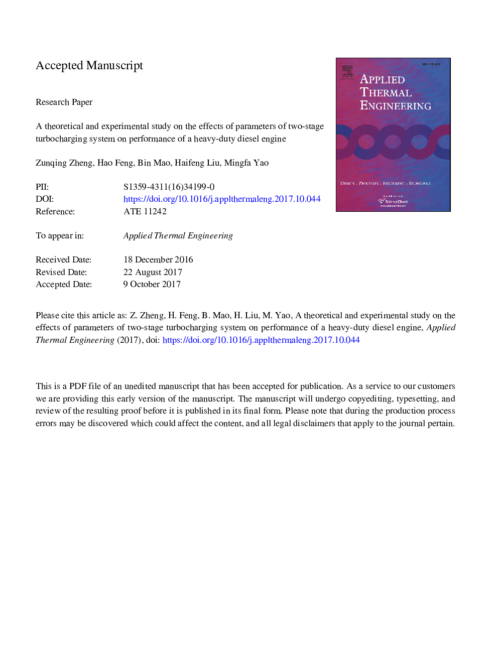 A theoretical and experimental study on the effects of parameters of two-stage turbocharging system on performance of a heavy-duty diesel engine