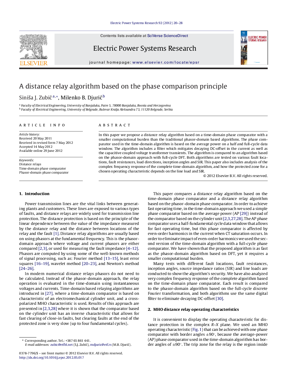 A distance relay algorithm based on the phase comparison principle