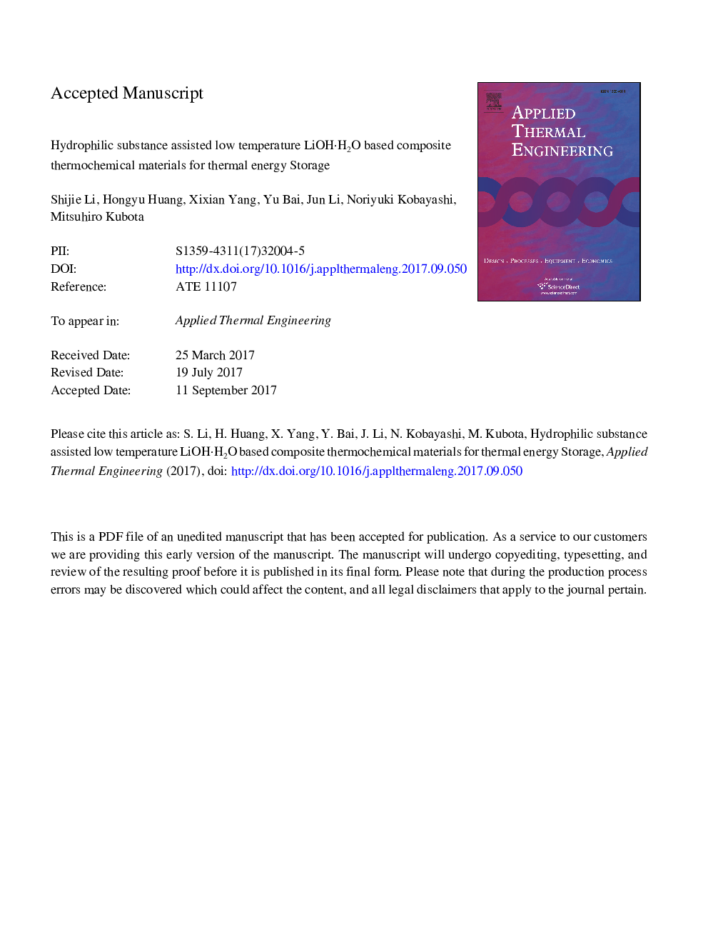 Hydrophilic substance assisted low temperature LiOHÂ·H2O based composite thermochemical materials for thermal energy storage