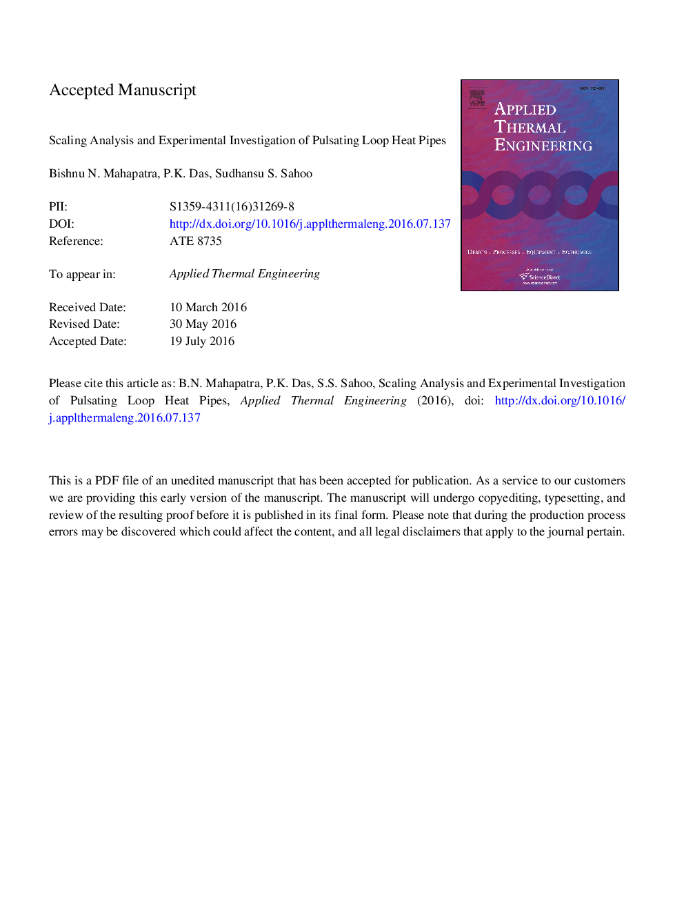 Scaling analysis and experimental investigation of pulsating loop heat pipes