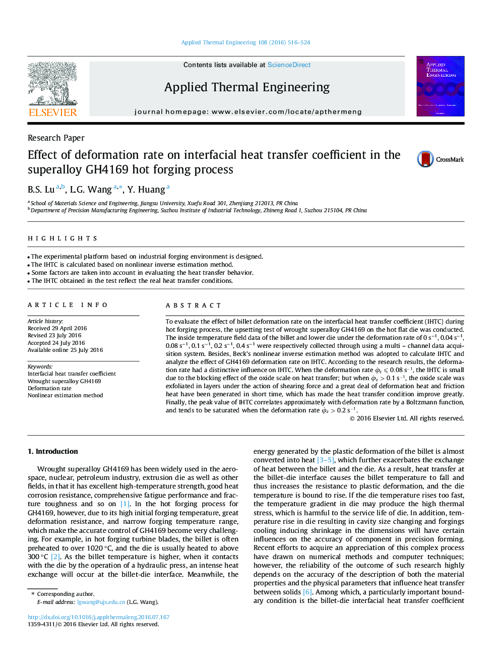 Effect of deformation rate on interfacial heat transfer coefficient in the superalloy GH4169 hot forging process