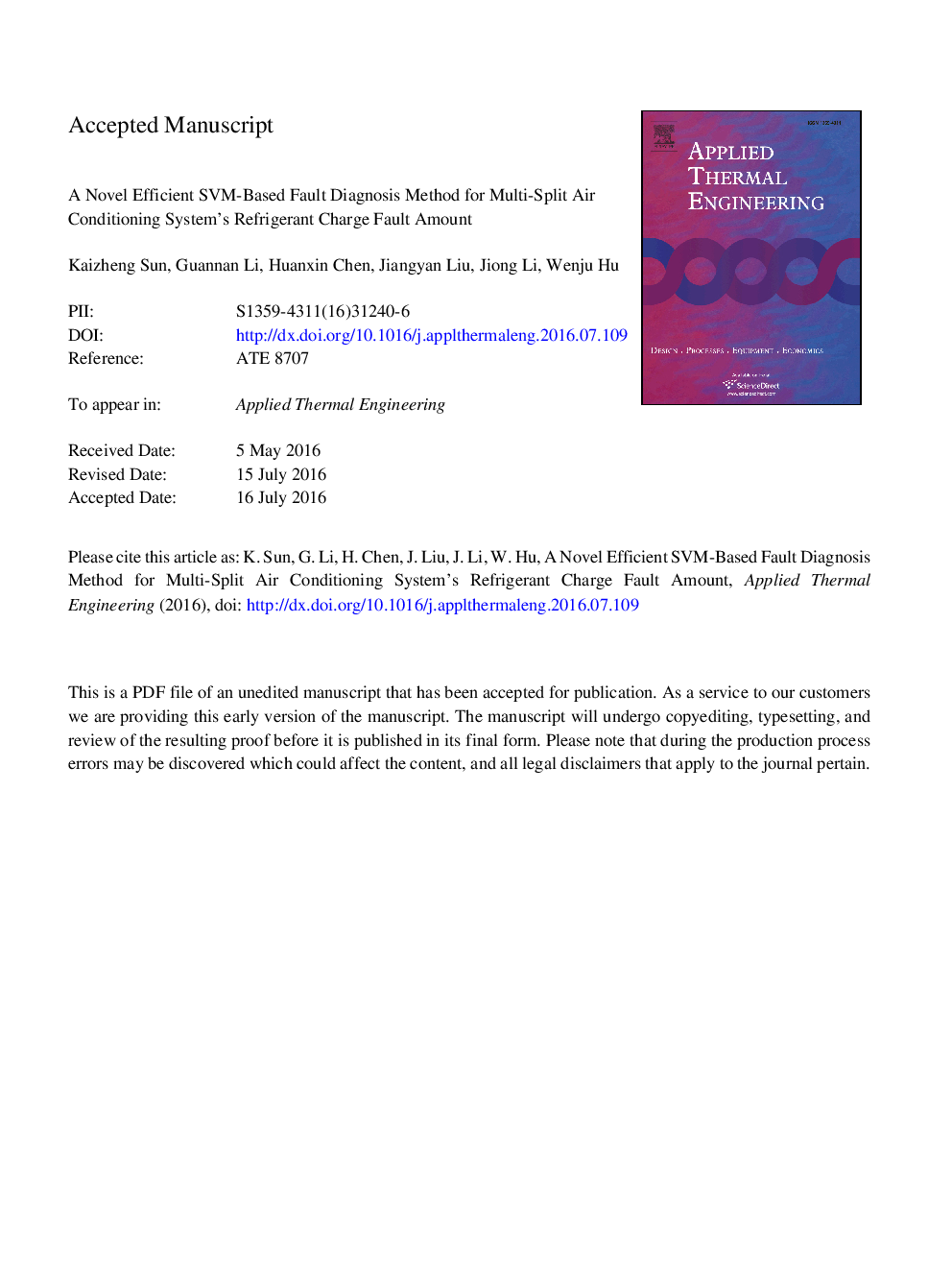 A novel efficient SVM-based fault diagnosis method for multi-split air conditioning system's refrigerant charge fault amount