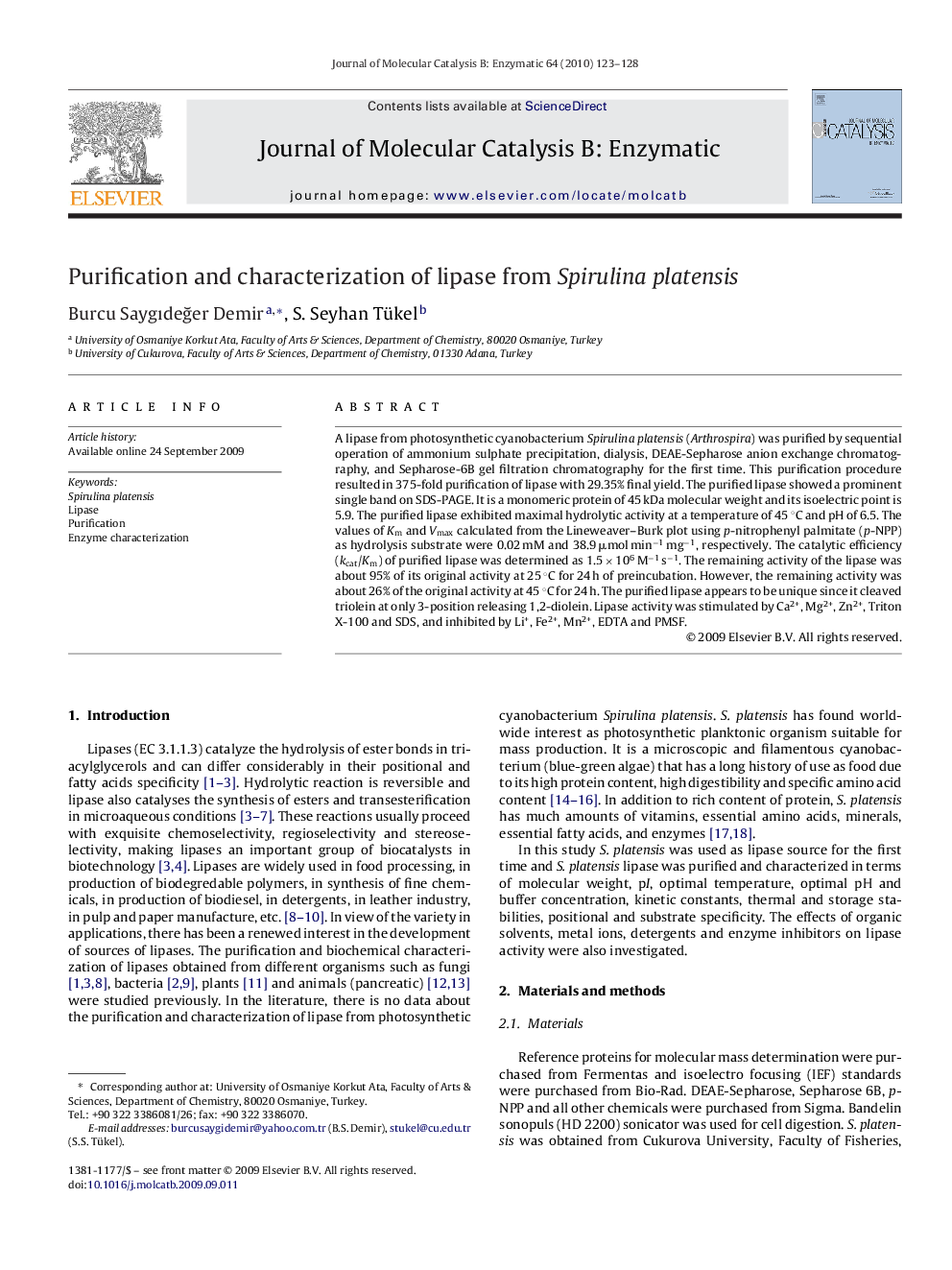Purification and characterization of lipase from Spirulina platensis