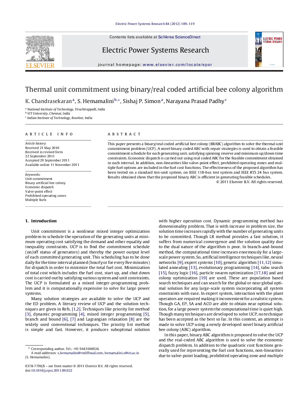 Thermal unit commitment using binary/real coded artificial bee colony algorithm