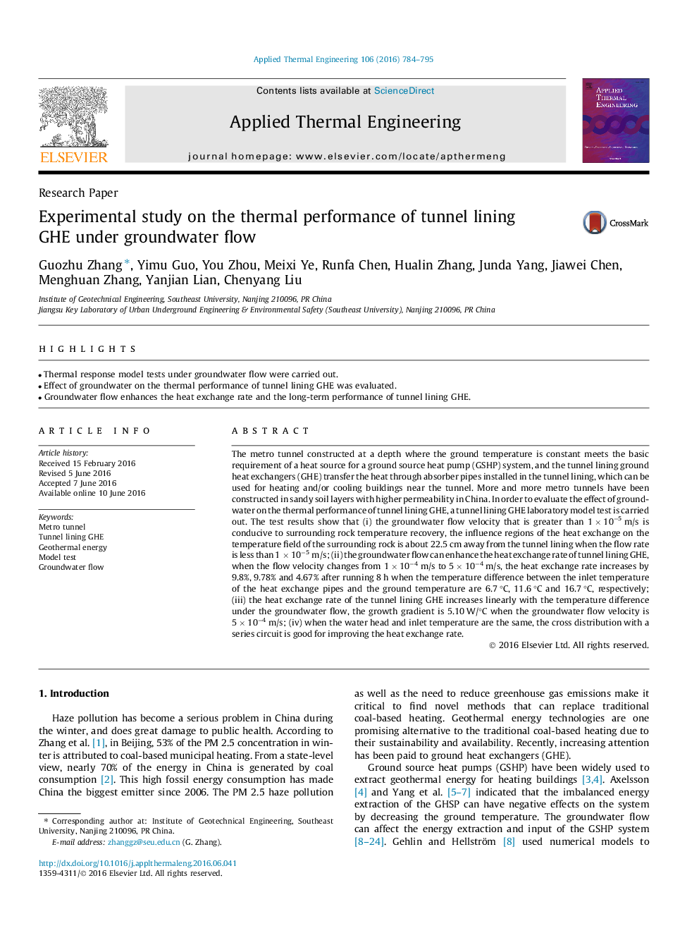 Experimental study on the thermal performance of tunnel lining GHE under groundwater flow