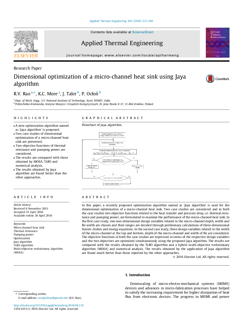 Dimensional optimization of a micro-channel heat sink using Jaya algorithm