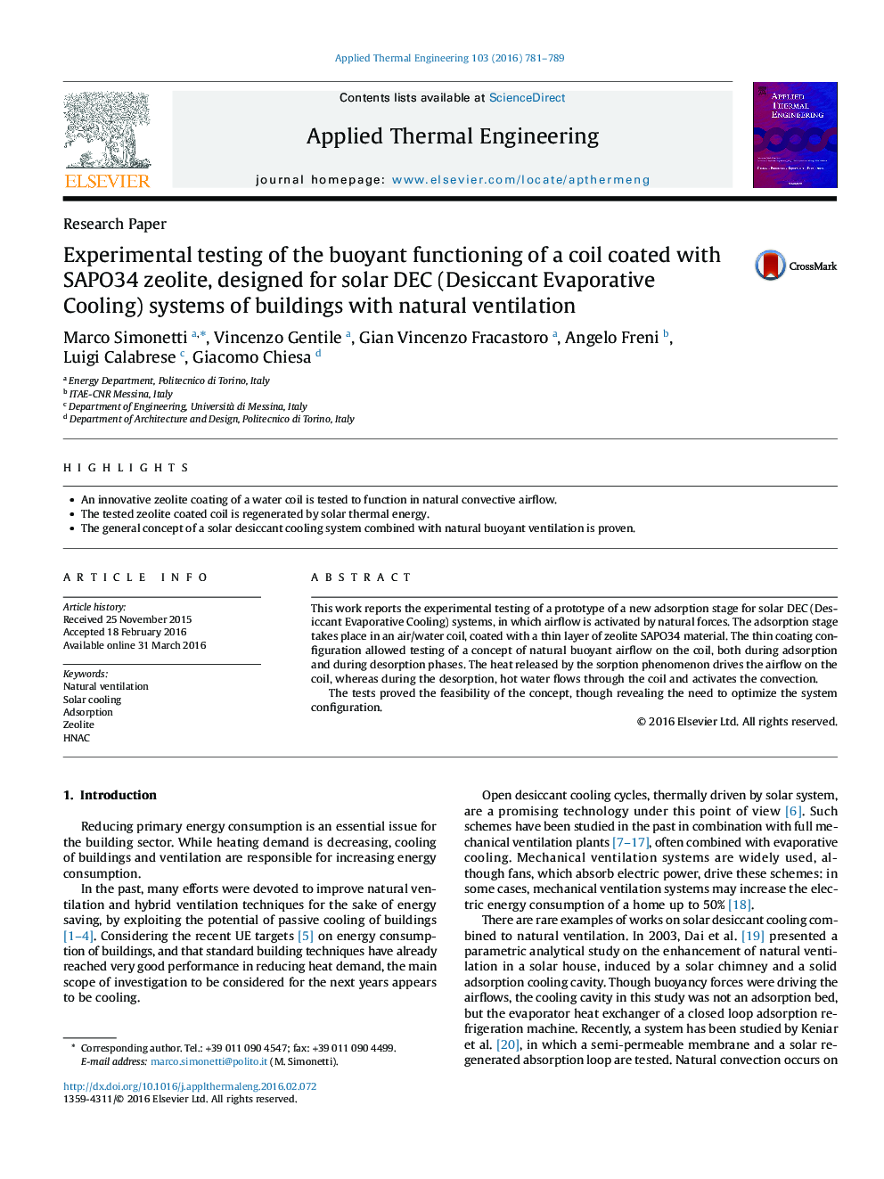 Experimental testing of the buoyant functioning of a coil coated with SAPO34 zeolite, designed for solar DEC (Desiccant Evaporative Cooling) systems of buildings with natural ventilation