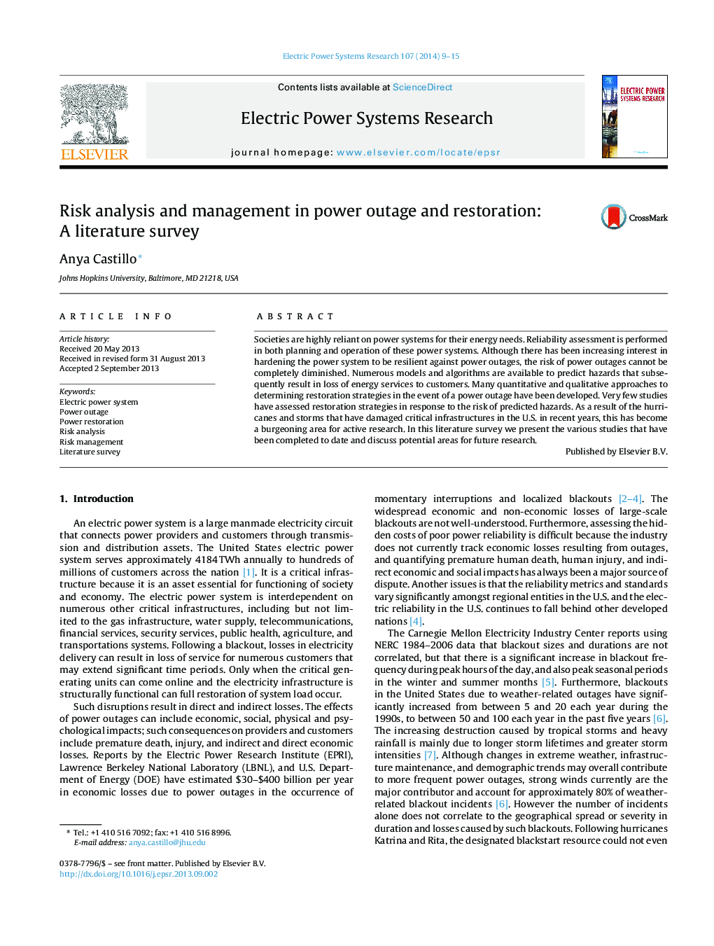 Risk analysis and management in power outage and restoration: A literature survey