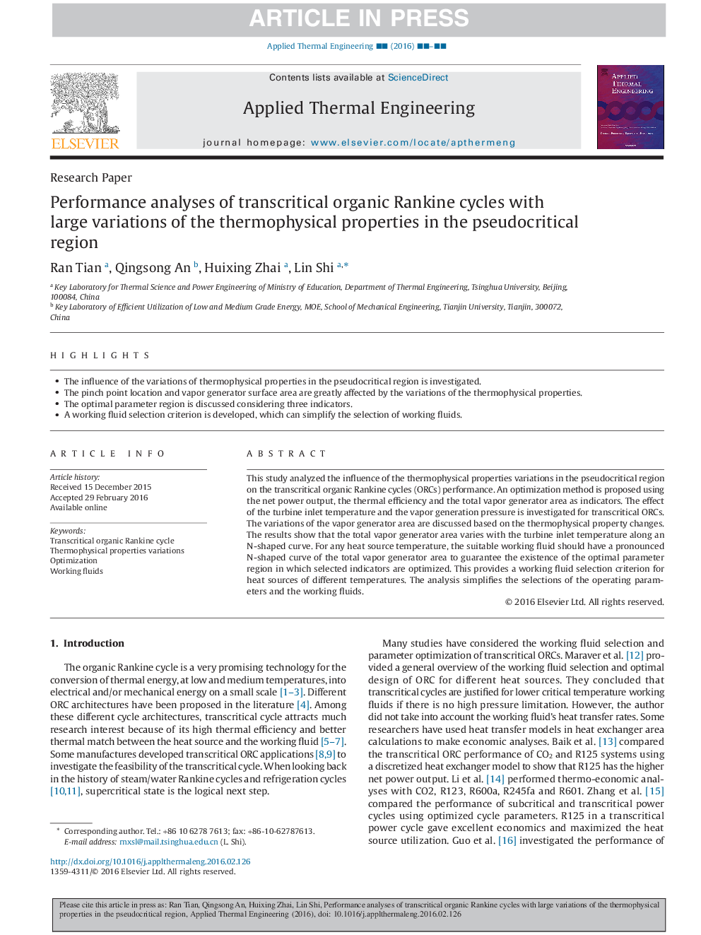 Performance analyses of transcritical organic Rankine cycles with large variations of the thermophysical properties in the pseudocritical region