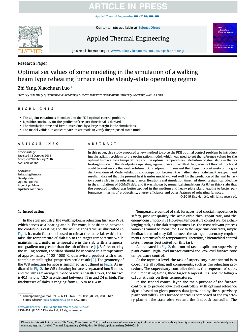 Optimal set values of zone modeling in the simulation of a walking beam type reheating furnace on the steady-state operating regime