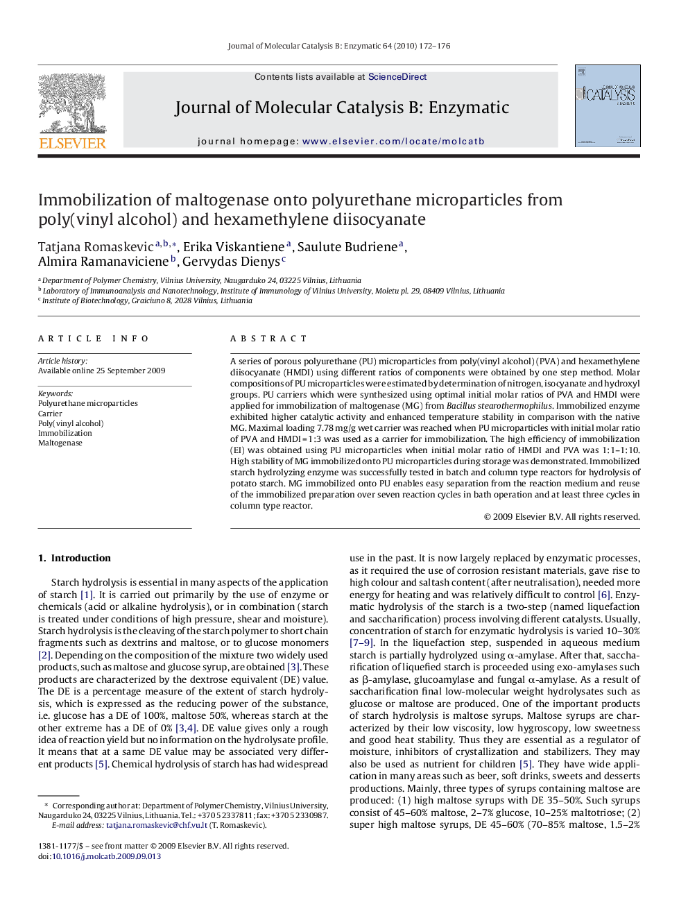 Immobilization of maltogenase onto polyurethane microparticles from poly(vinyl alcohol) and hexamethylene diisocyanate