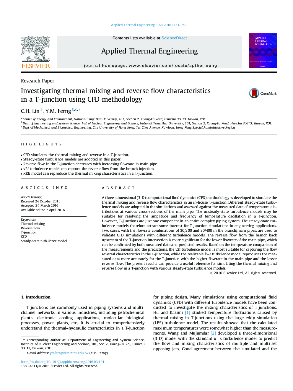 Investigating thermal mixing and reverse flow characteristics in a T-junction using CFD methodology