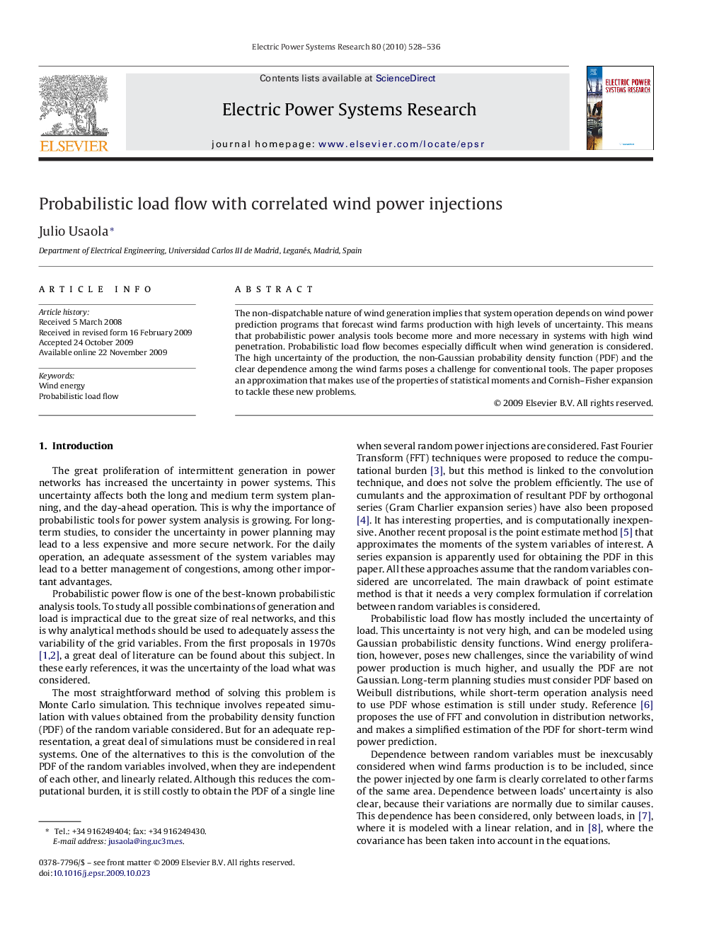 Probabilistic load flow with correlated wind power injections