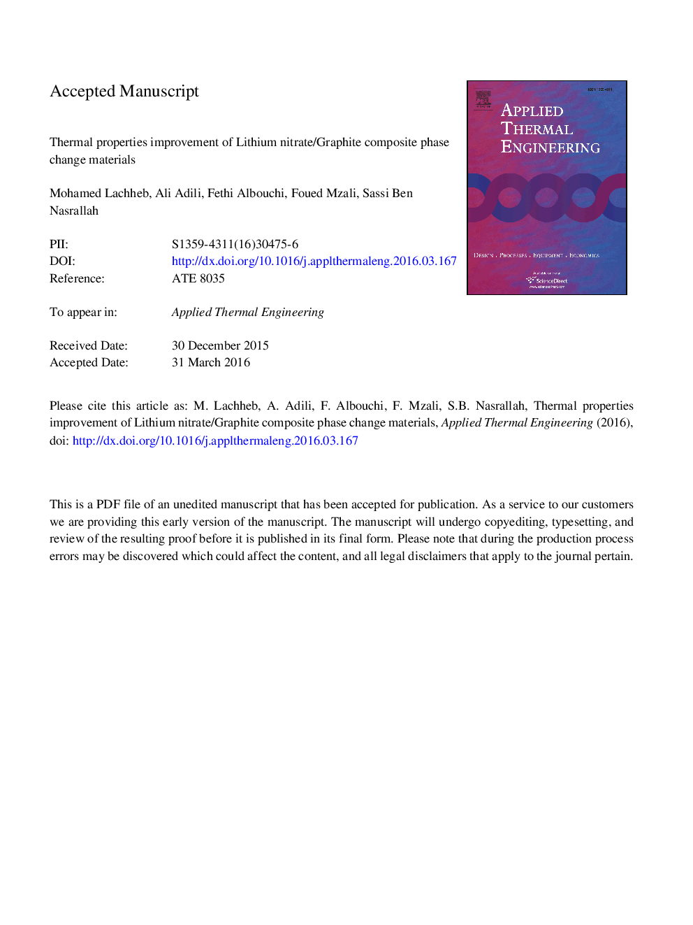 Thermal properties improvement of Lithium nitrate/Graphite composite phase change materials