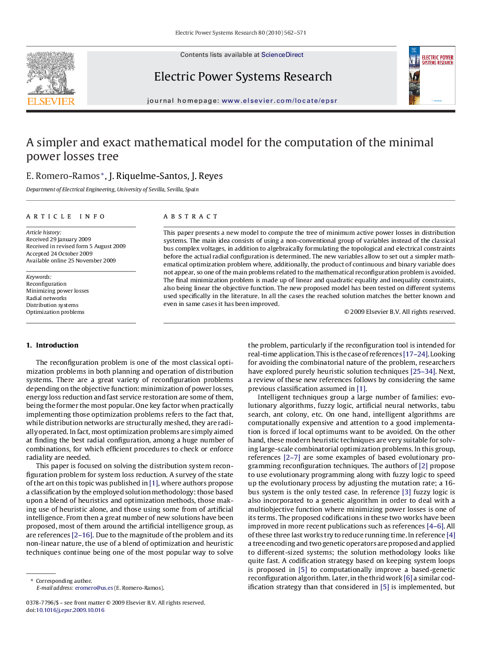 A simpler and exact mathematical model for the computation of the minimal power losses tree