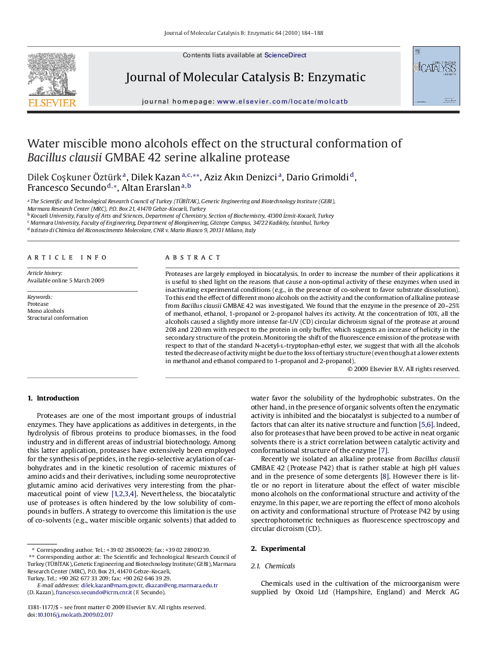 Water miscible mono alcohols effect on the structural conformation of Bacillus clausii GMBAE 42 serine alkaline protease