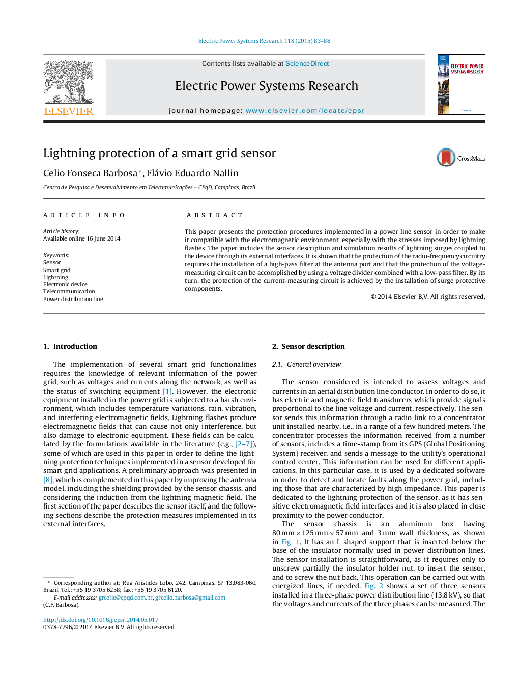 Lightning protection of a smart grid sensor