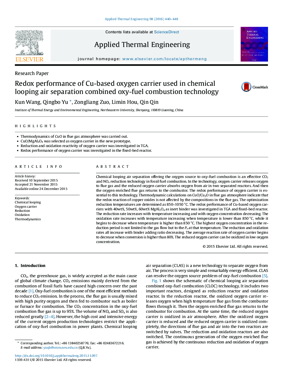 Redox performance of Cu-based oxygen carrier used in chemical looping air separation combined oxy-fuel combustion technology