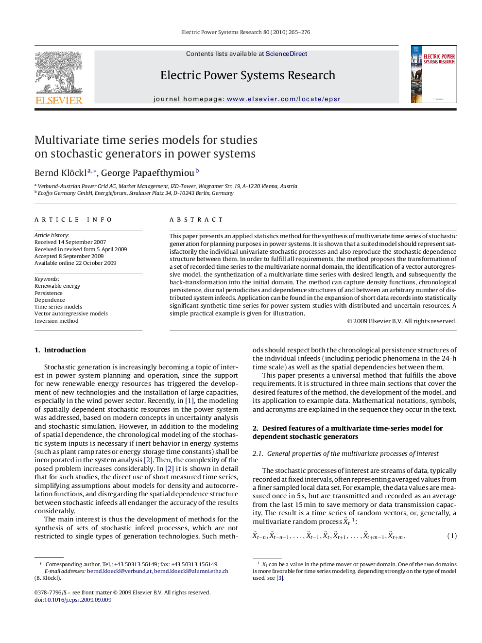 عکس صفحه اول مقاله: Multivariate time series models for studies on stochastic generators in power systems Multivariate time series models for studies on stochastic generators in power systems