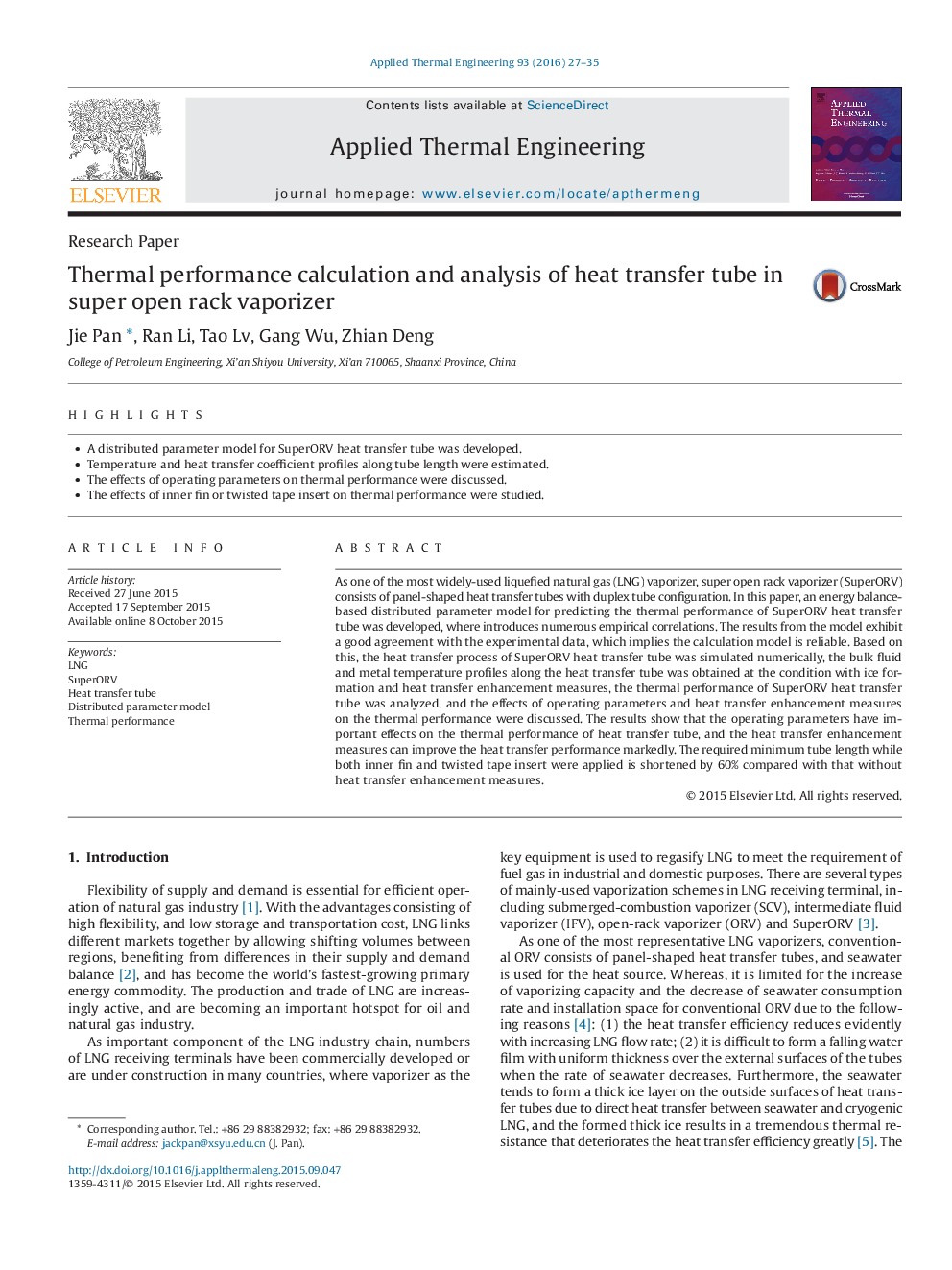 Thermal performance calculation and analysis of heat transfer tube in super open rack vaporizer