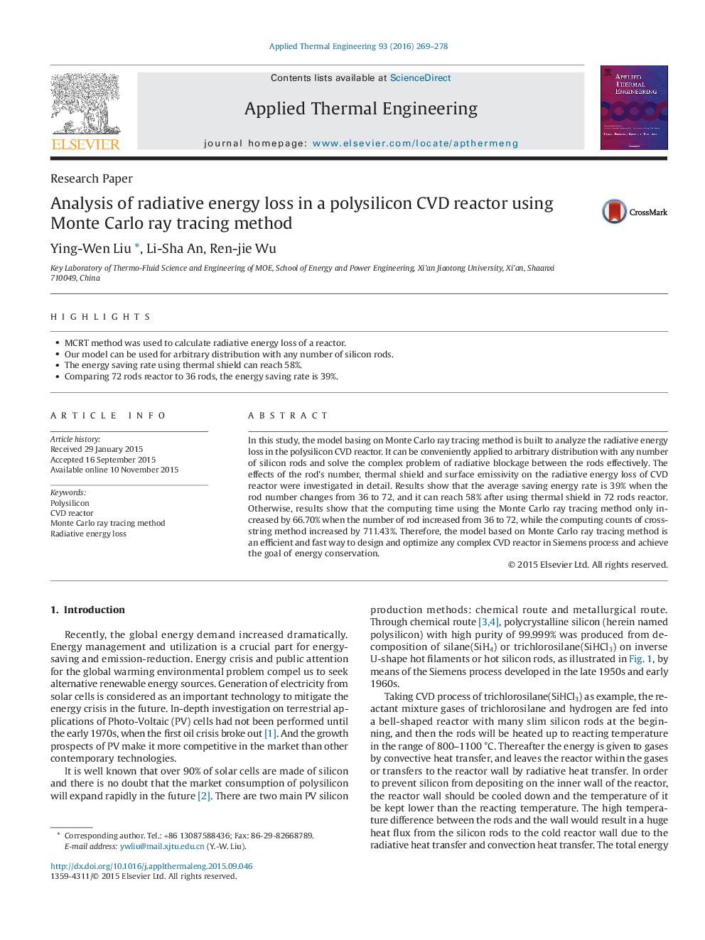 Analysis of radiative energy loss in a polysilicon CVD reactor using Monte Carlo ray tracing method