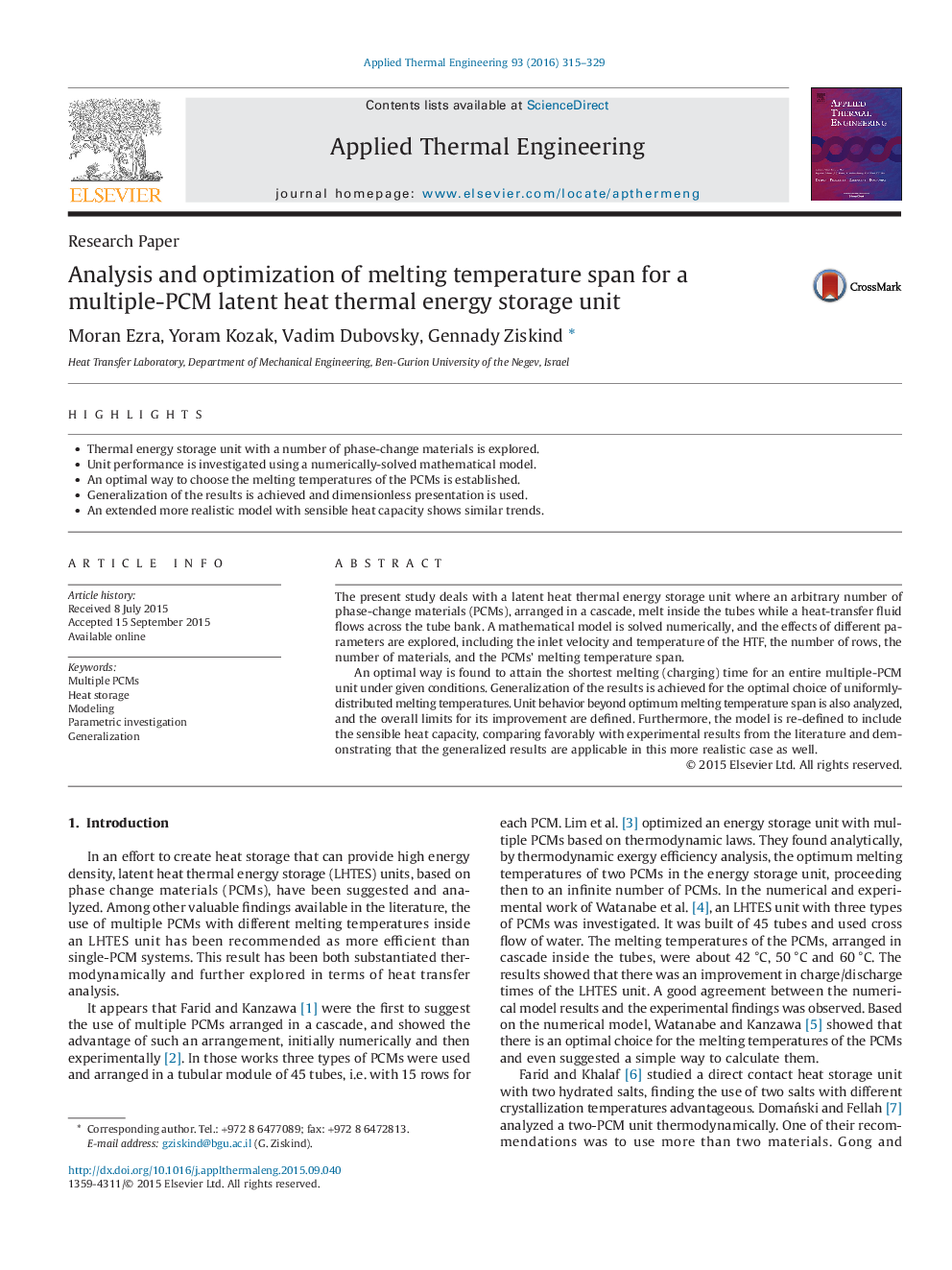 Analysis and optimization of melting temperature span for a multiple-PCM latent heat thermal energy storage unit