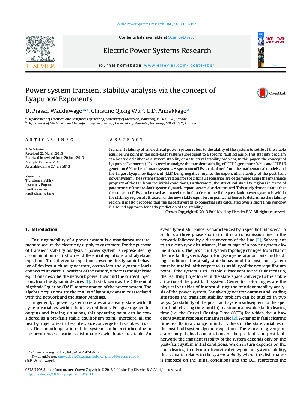 Power system transient stability analysis via the concept of Lyapunov Exponents