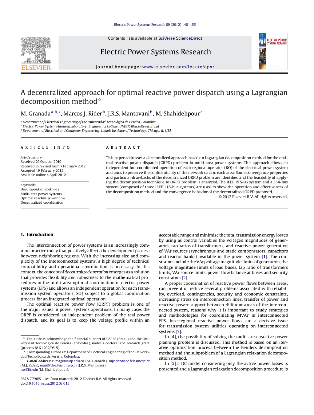 A decentralized approach for optimal reactive power dispatch using a Lagrangian decomposition method 